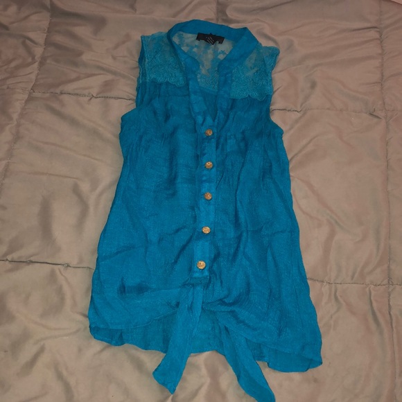 BCX Tops - BCX Junior’s Blue Tie-Front Button-Down Tank